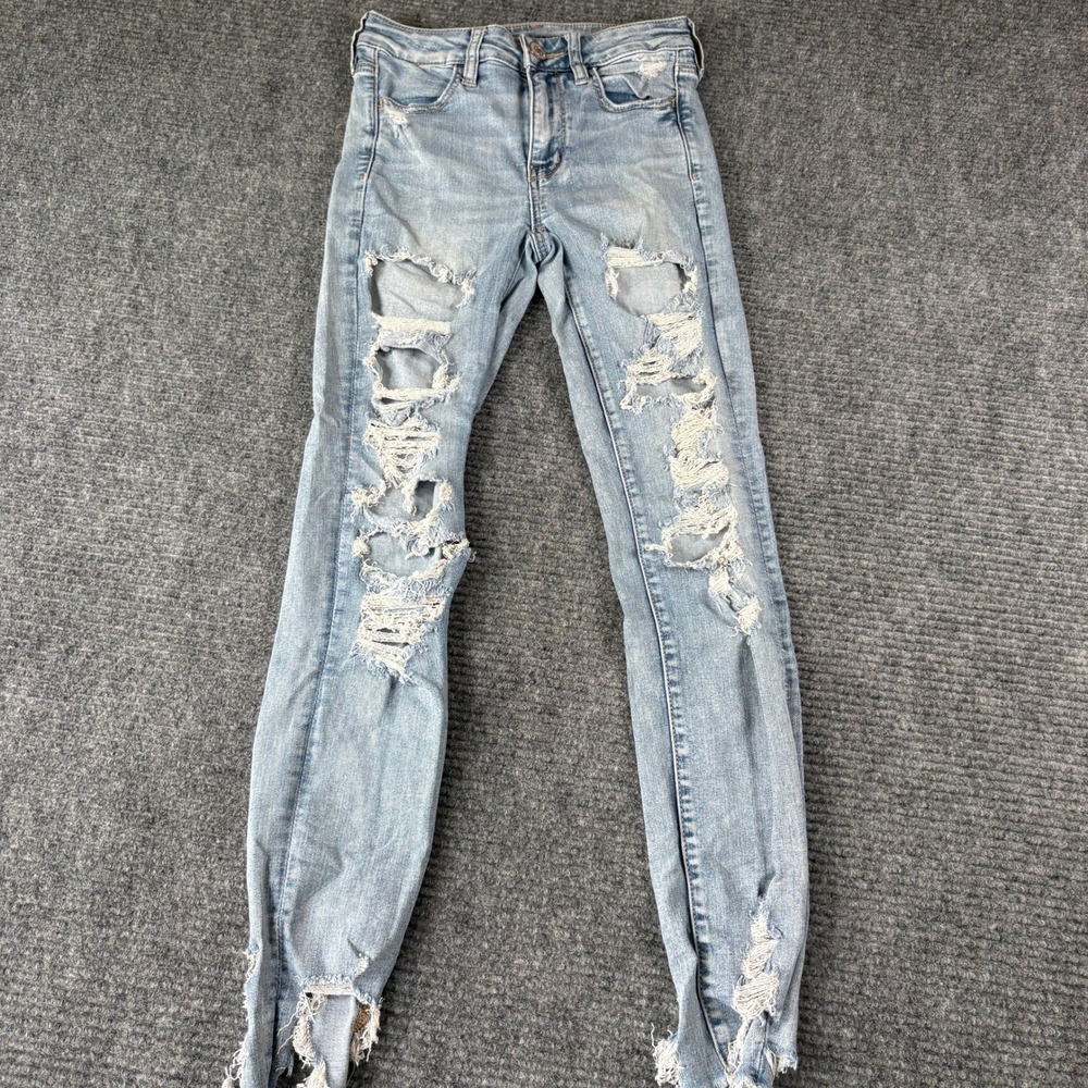 American Eagle Hi-Rise Jegging Light Wash Distressed Ripped Skinny Jeans Size 2